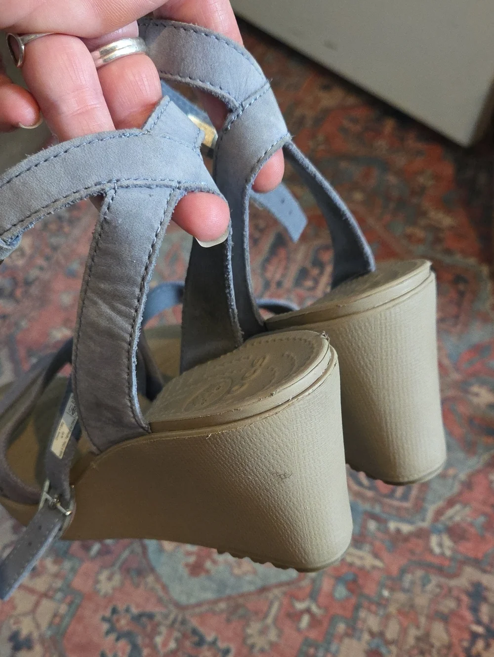 Crocs Blue leigh wedge heel canvas/leather ankle strap slip on w10